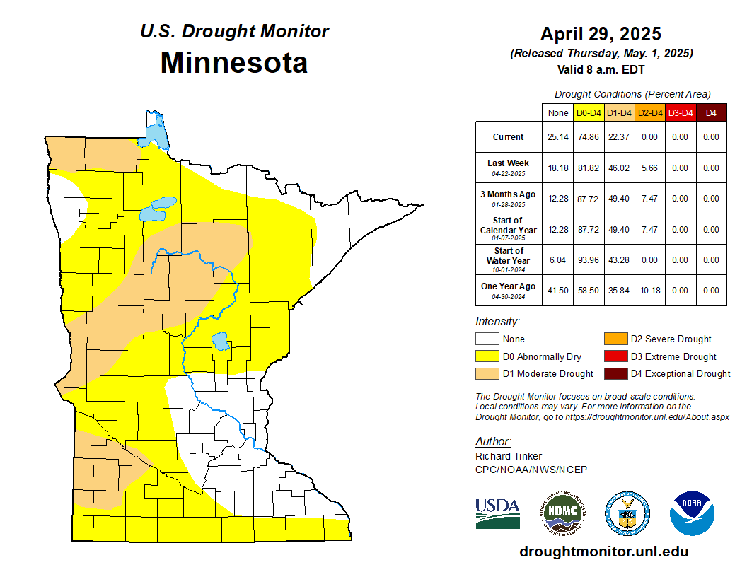 Map of Minnesota showing current drought impact