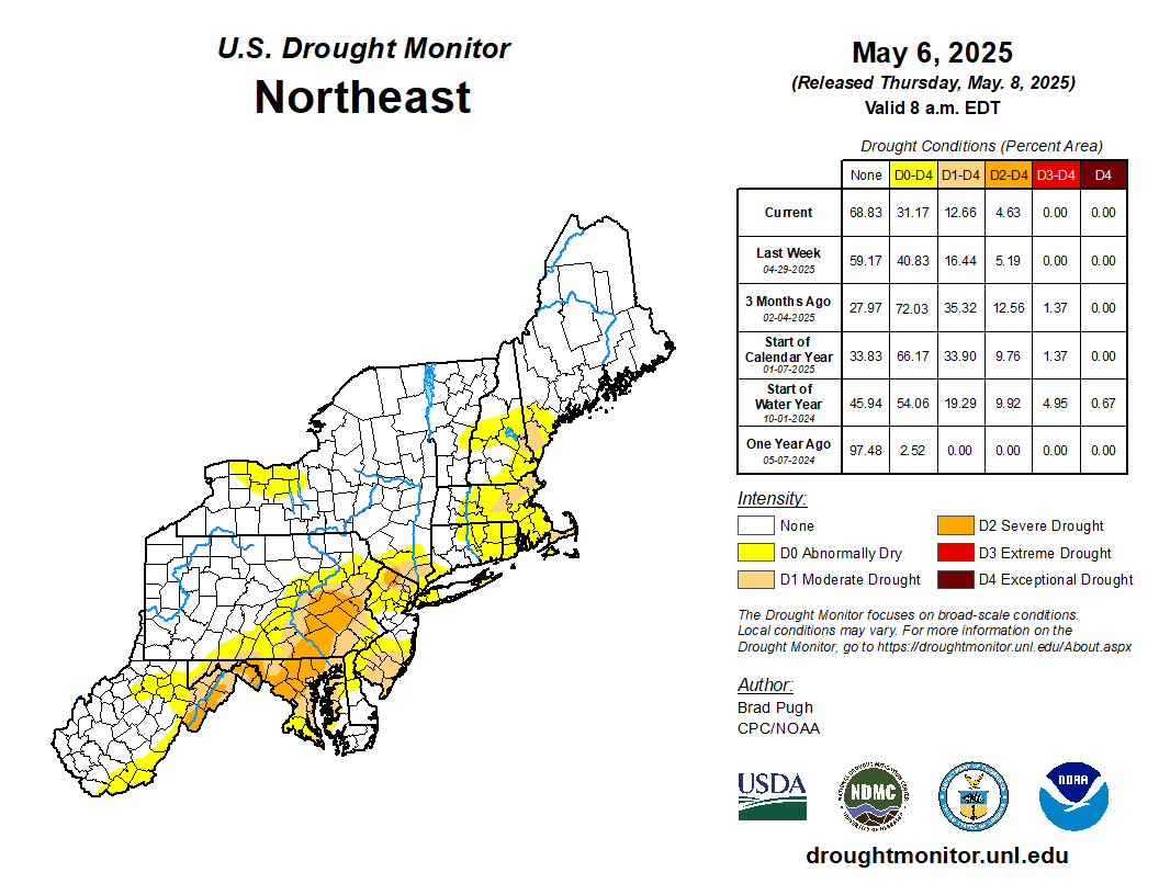 A map of the northeastern United States indicating drought severity by color.